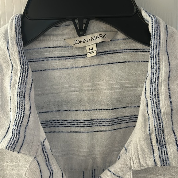 John Mark White Navy Stripes SZ M Cotton Blend Button Tunic Top - Picture 2 of 7